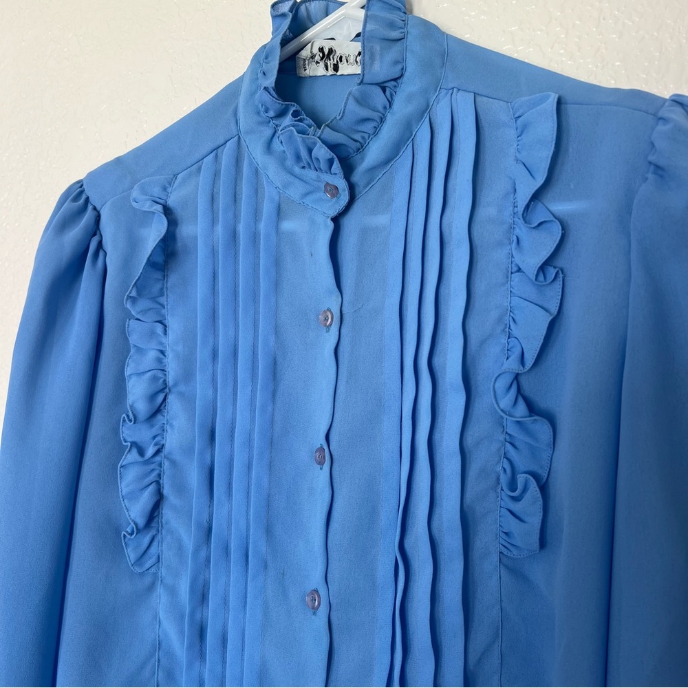Vintage Blue Tuxedo Blouse 1980s High Neck Ruffle Womens Top Lloyd Harry Dumber - Picture 2 of 6